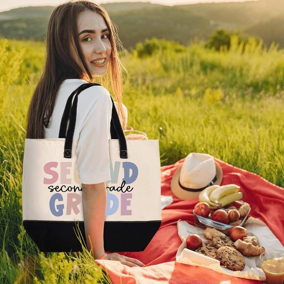 Second Grade Teacher Tote Bag Canvas Durable Zipper Spacious Accessory - Picture 5 of 6